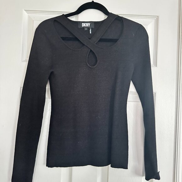 DKNY Ribbed Sparkle Knit Cut Out Long Sleeve Sweater Top Size Medium - Picture 3 of 7